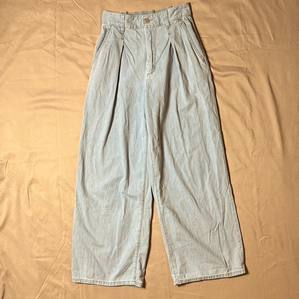Gu Jeans Wide Leg Boho Light Wash Pleated High Rise Stud Detail Denim Sz Small